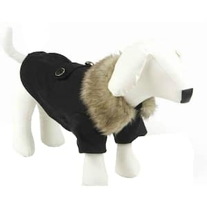 Medium Black Buttoned Coast-Guard Fashion Faux-Fur Collared Wool Dog Coat