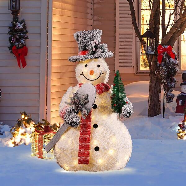 LuxenHome 35 in. H White Frosted Snowman Holding Shovel and