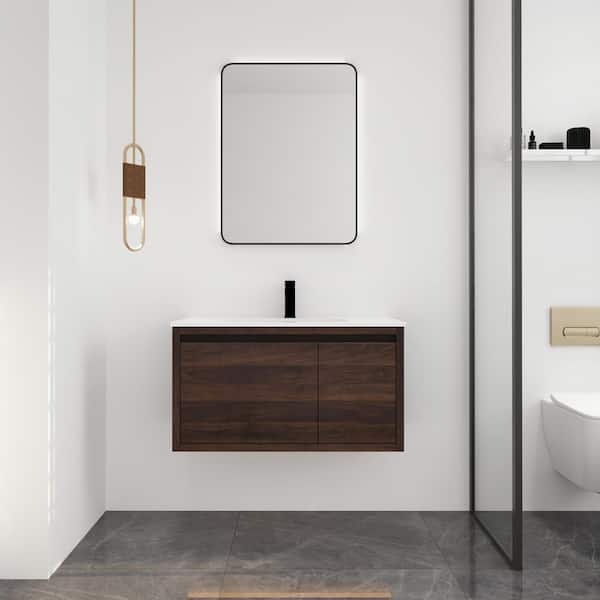Unbranded 36 in. W x 18.11 in. D x 19.5 in. H Wall Mount Floating Bath Vanity in California Walnut with White Acrylic(Gel) Top