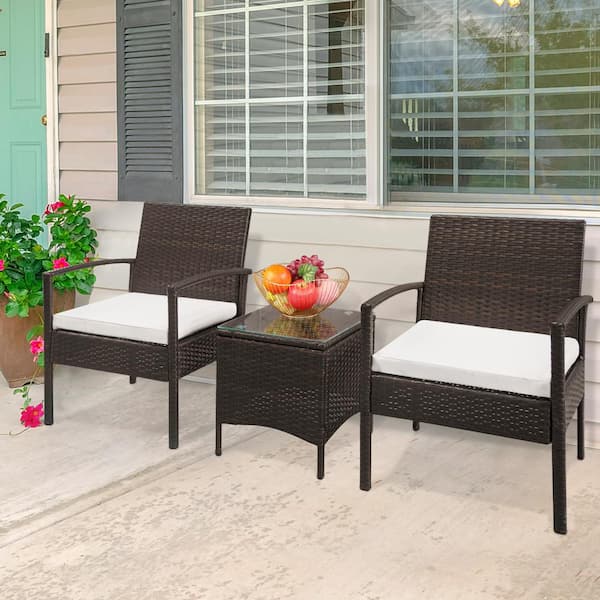 Karl home Brown 3-Piece Wicker Patio Conversation Set with White Cushions