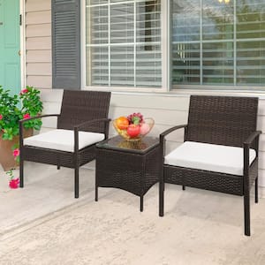 Brown 3-Piece Wicker Patio Conversation Set with White Cushions