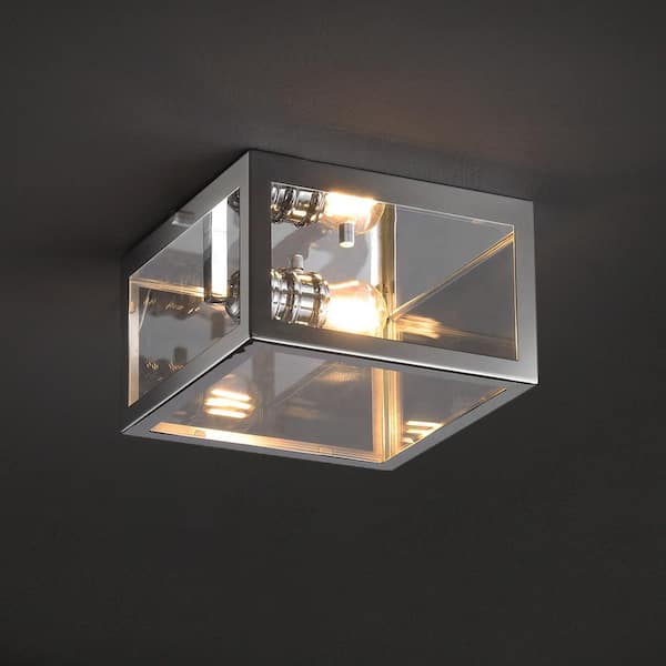 JONATHAN Y Eleanor 8 in. 1-Light Farmhouse Industrial Square Iron/Glass Case LED Flush Mount, Chrome