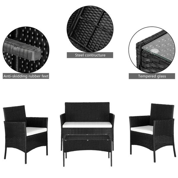 Winado Black 4 Piece Wicker Patio Conversation Set With White Cushions 227639537176 The Home Depot Winado Black 4 Piece Wicker Patio, Rubber Feet For Outdoor Furniture Home Depot