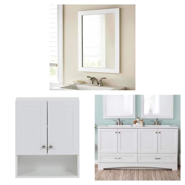 20 in. x 27 in. Mirror, 21 in. x 8 in. x 26 in. Cabinet and 61 in. Double Sink White Bath Vanity Combo