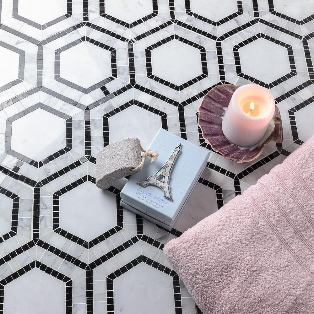 Nero Black and White Marble Hexagon Mosaic Tile