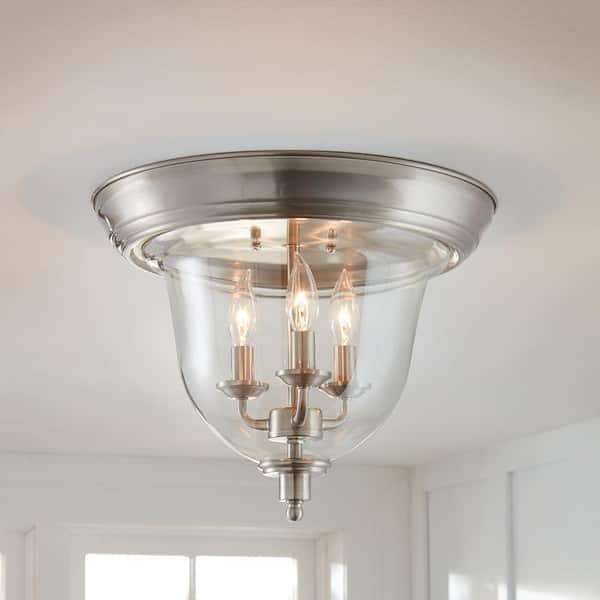Home Decorators Collection 15 in. 3-Light Brushed Nickel Flush Mount Ceiling Light Fixture with Clear Glass Shade