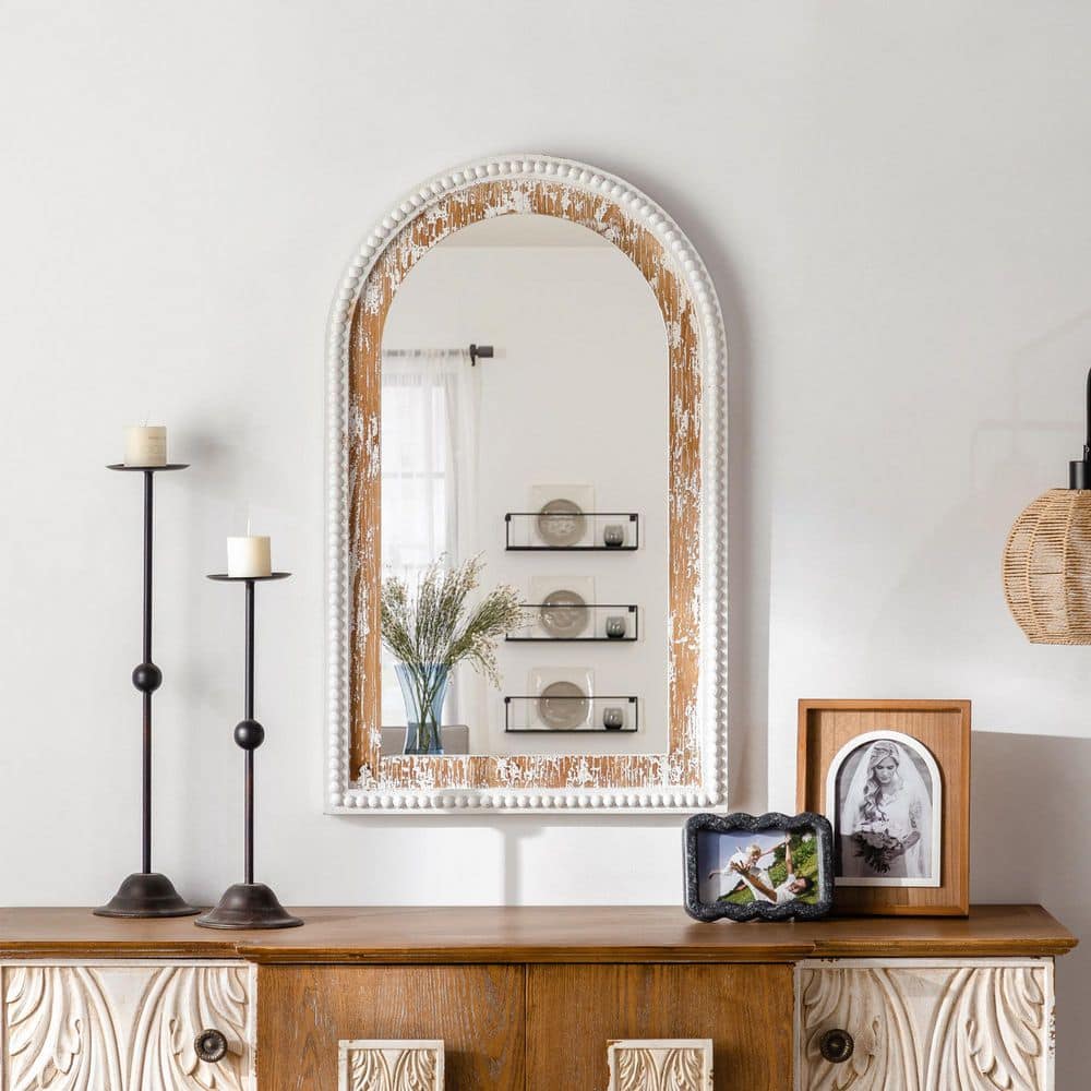 Antique White Arched Wood Vanity Wall Mirror with Beaded Frame