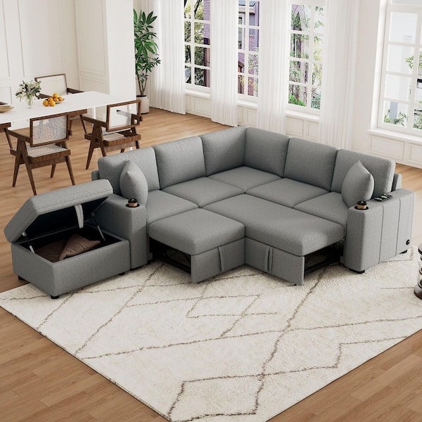 84.7 in. Square Arm Chenille L-Shaped Sofa with Sofa Bed and Ottoman in Gray (Seats 4)