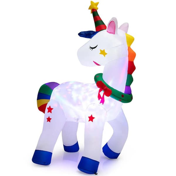 Costway 6 ft. x 4 ft. Tall Christmas Magic Unicorn, Inflatable Unicorn Decoration with Rainbow Tails and Christmas Wreath