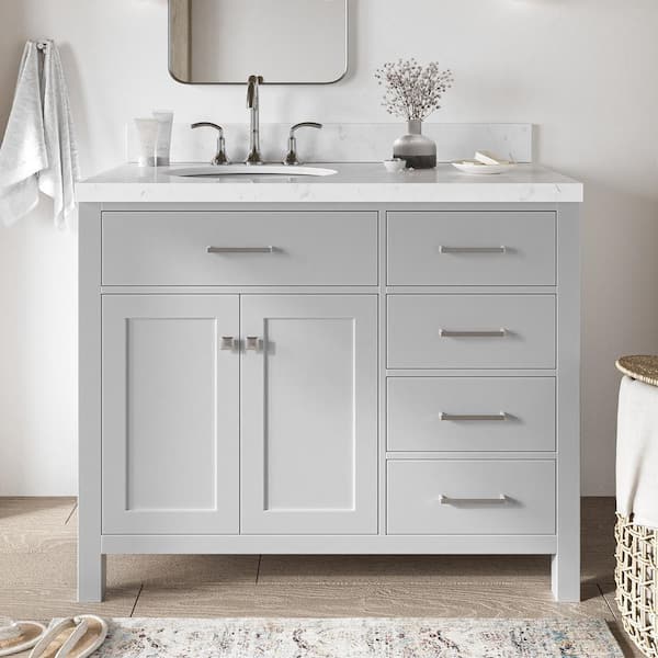 ARIEL Bristol 42.25 in. W x 22 in. D x 36 in. H Single Sink Freestanding Bath Vanity in Grey with Carrara White Quartz Top