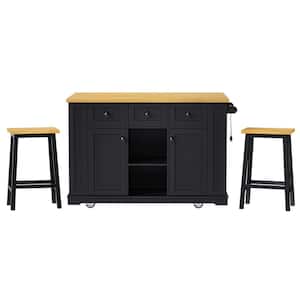 Black MDF Wood 53 in. Kitchen Island with 2 Bar Stools