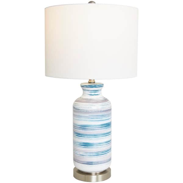 Litton Lane 28 in. Blue Glass Abstract Striped Task and Reading Table Lamp with Gold Base