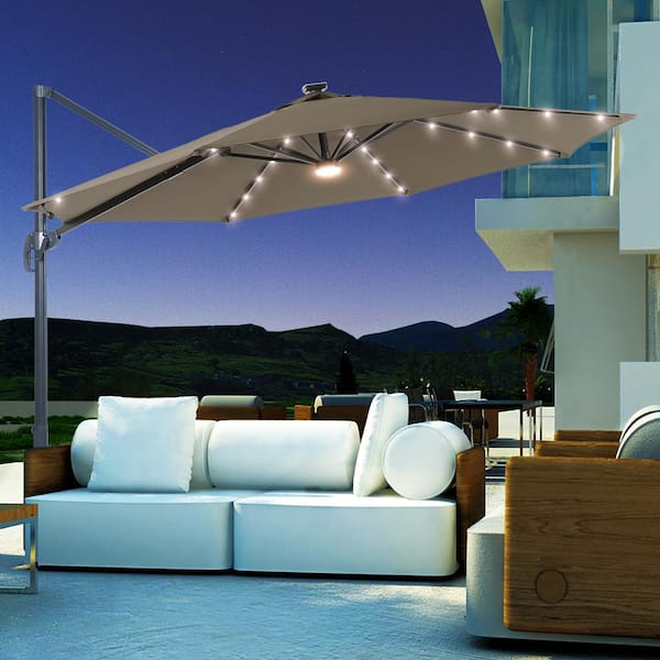 JOYESERY 11 ft. Round Cantilever LED Umbrella For Your Outdoor Space - 240 g Solution-Dyed Fabric, Aluminum Frame in Taupe