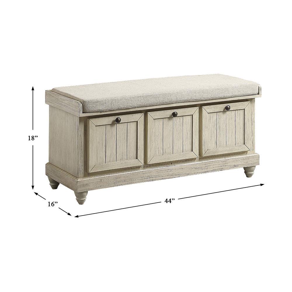 Distressed White Wood Storage Bench with Gray Cushion