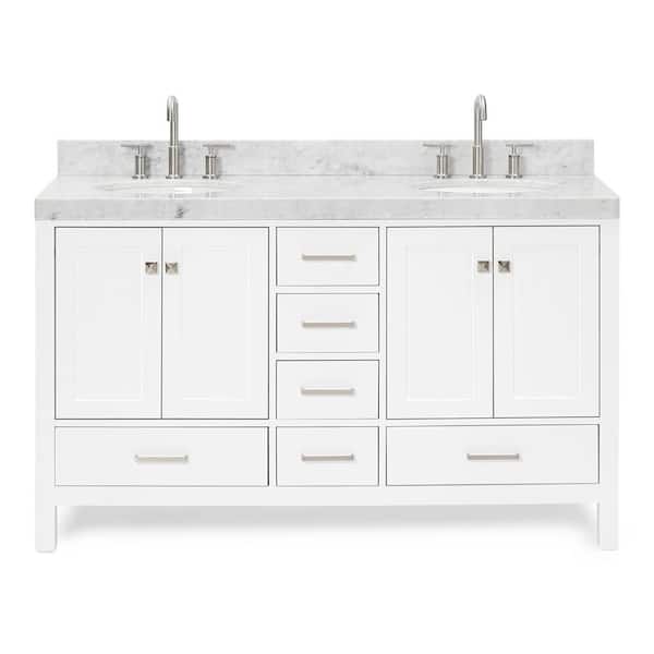 Cambridge 60 in. W x 22 in. D x 36.5 in. H Double Freestanding Bath Vanity in White with Carrara Marble Top