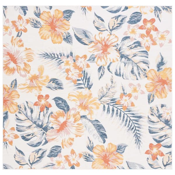 SAFAVIEH Sunrise Ivory/Rust Blue 7 ft. x 7 ft. Oversized Floral Reversible Indoor/Outdoor Square Area Rug