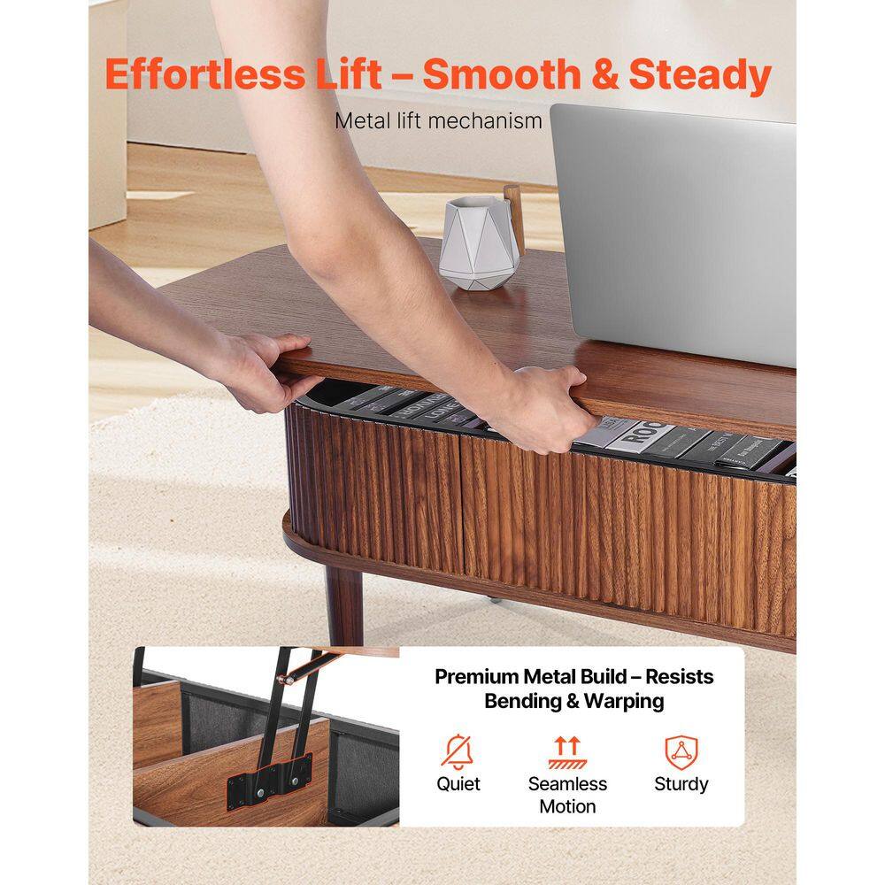 Person lifting the top of a walnut coffee table to demonstrate the metal lift mechanism.