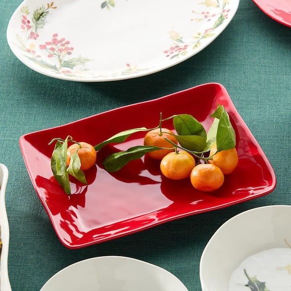 Berry Red Christmas 14 in. Rectangular Red Stoneware Platter