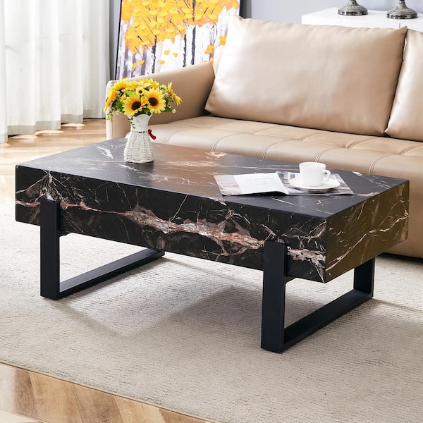 JUJABU 47 in. Black Rectangle MDF Marble Coffee Table with Metal Legs for Living Room