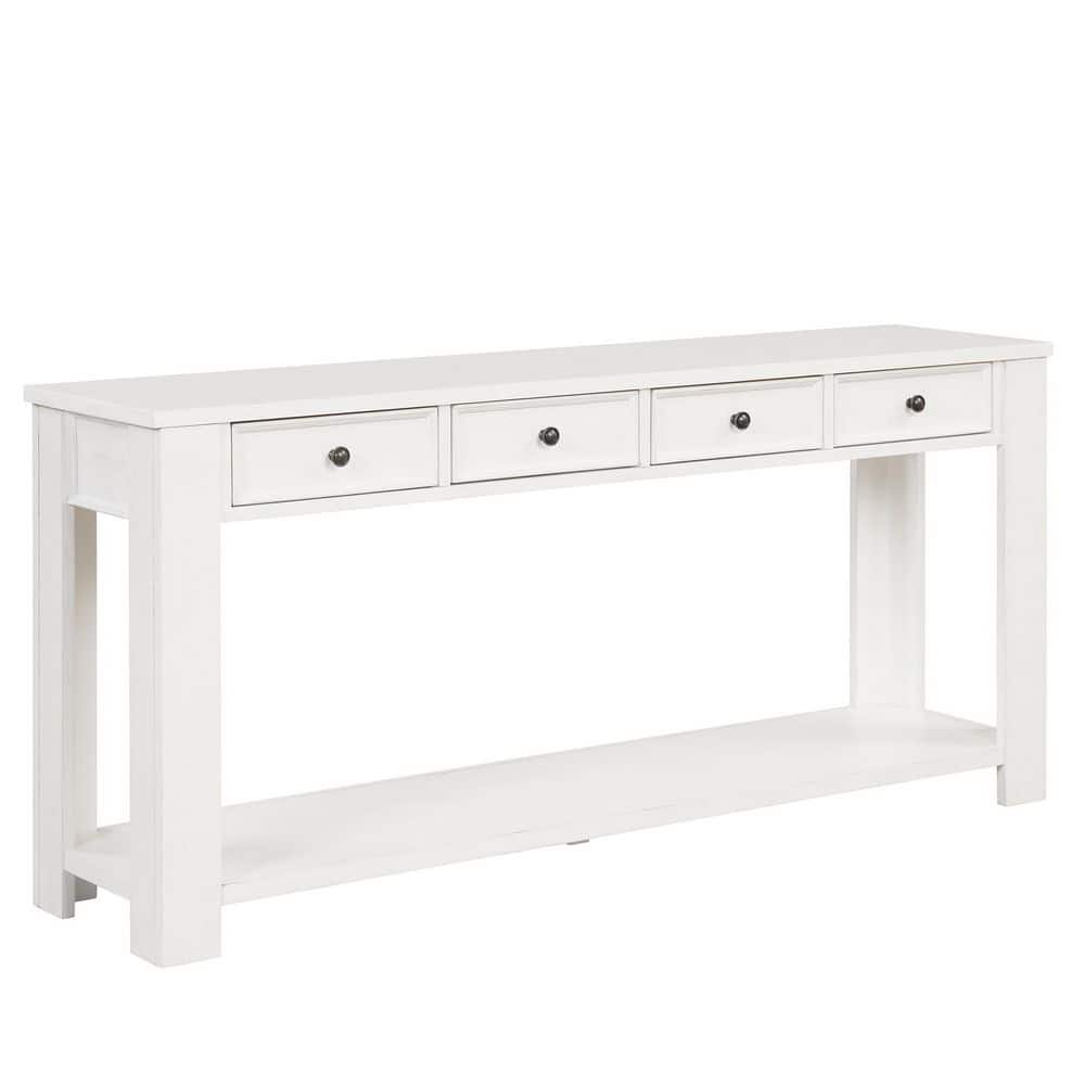 63 in. White Rectangle Pine Wood Console Table with 4 Drawers and 1 Bottom 