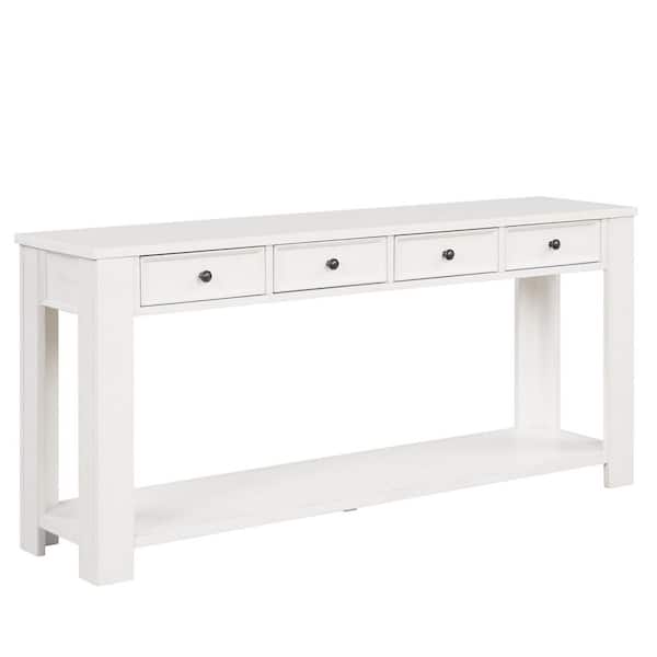 63 in. White Rectangle Pine Wood Console Table with 4 Drawers and 1 Bottom Shelf Easy Assembly 64 in. Long Sofa Table