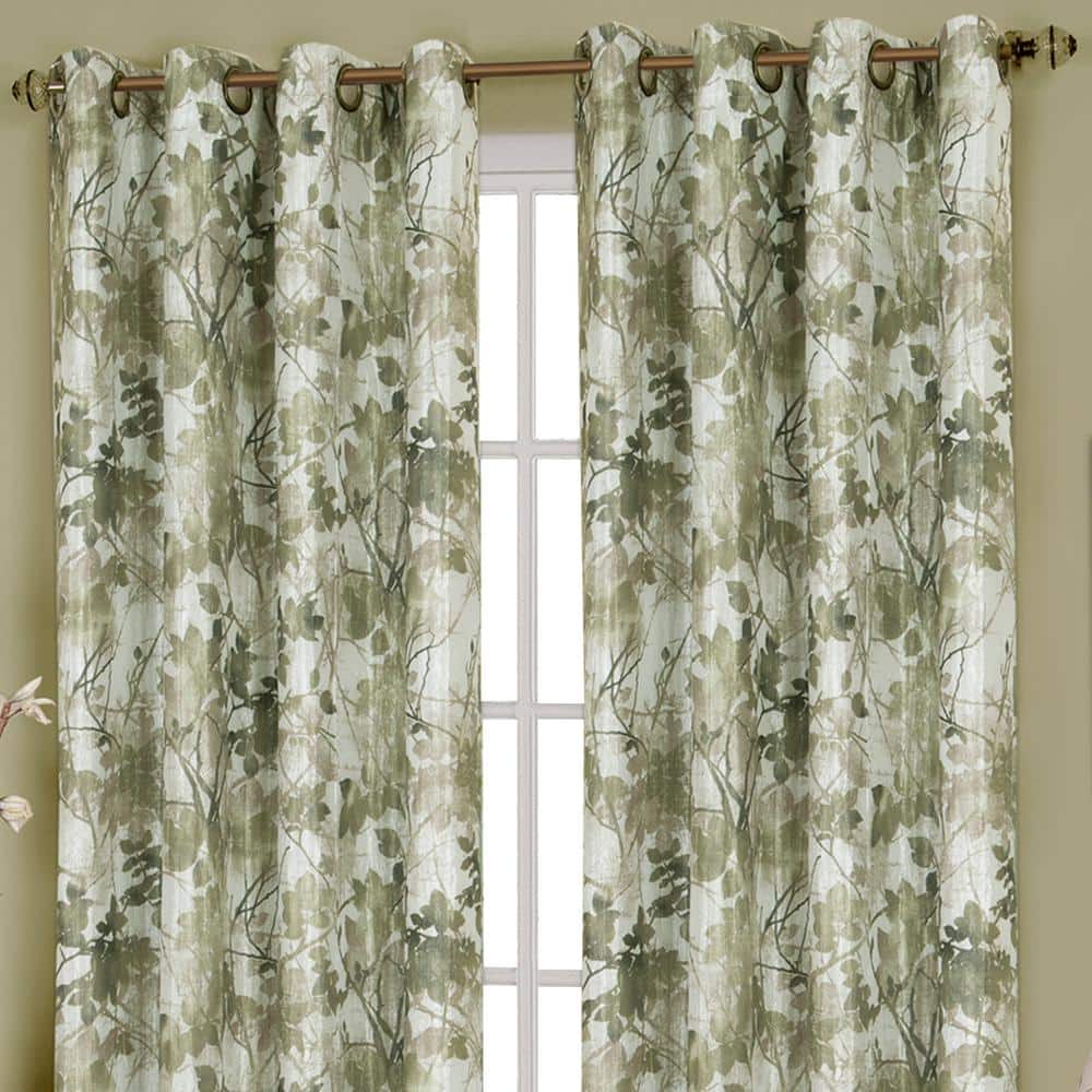 Green Floral Blackout Grommet Window Curtain Panel, 50x84 Polyester