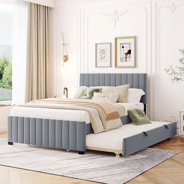 Gray Wood Frame Full Size Platform Bed with Twin Size Trundle
