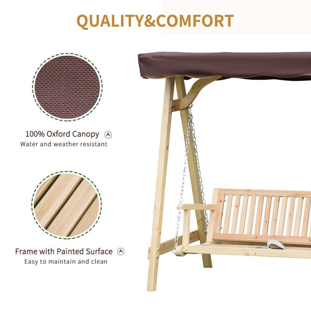 Natural Fir Wood 2-Seater Porch Swing with Brown Canopy