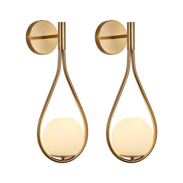 (2-Pack) 19 in. 1-Light Gold Wall Sconces with Opal Glass Globe, Mid-Century Design (No Bulb)