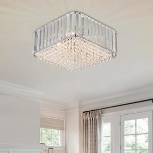 Orillia 13.38 in. 4-Light Chrome Contemporary Square Flush Mount Ceiling Light with Crystal Shade