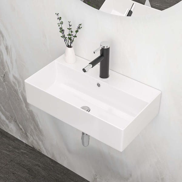 5 in. Wall-Mounted Rectangular Bathroom Ceramic Sink in White, 21 x 12 in. Wall Mount Bathroom Sink
