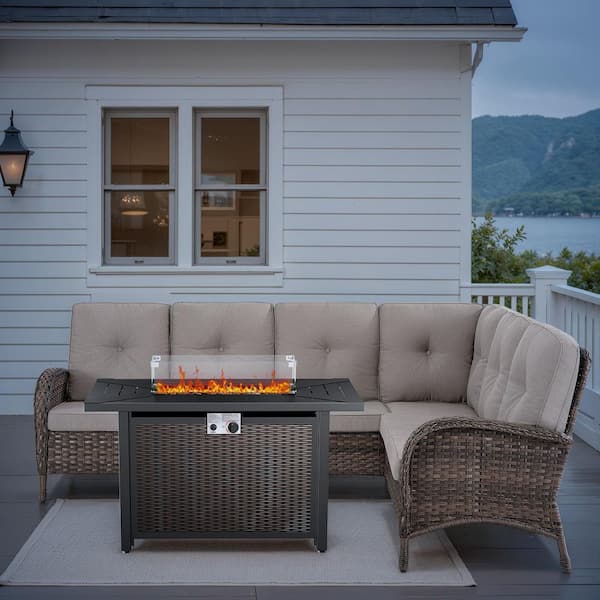 Carlos 3-Piece Wicker Patio Conversation Set with Fire Pit Table, 6-Seat Outdoor Sectional Sofa Set with Beige Cushions