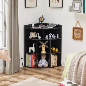 Corner Cabinet with Charing Station, 3-Tier Cube Storage Organizer with USB Ports and Outlets, Triangle Bookcases, Black