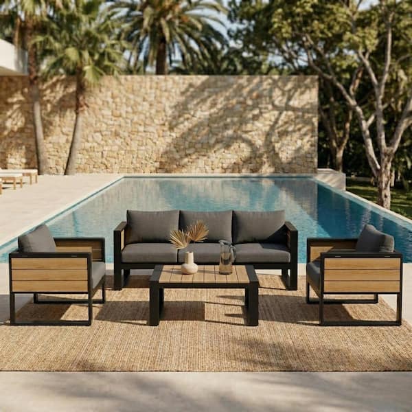 Large 4-Piece Aluminum Frame Outdoor Conversation Set with Fold-Out Side Tables and Grey Cushions