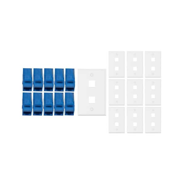 10-Pack 1-Gang White Keystone Plastic Wall Plate 2-Port & 10 Cat 6 RJ45 Keystone Inline Couplers Blue