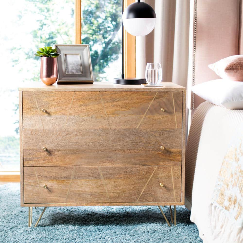 Transitional 32'' Natural Wood and Brass 3-Drawer Chest