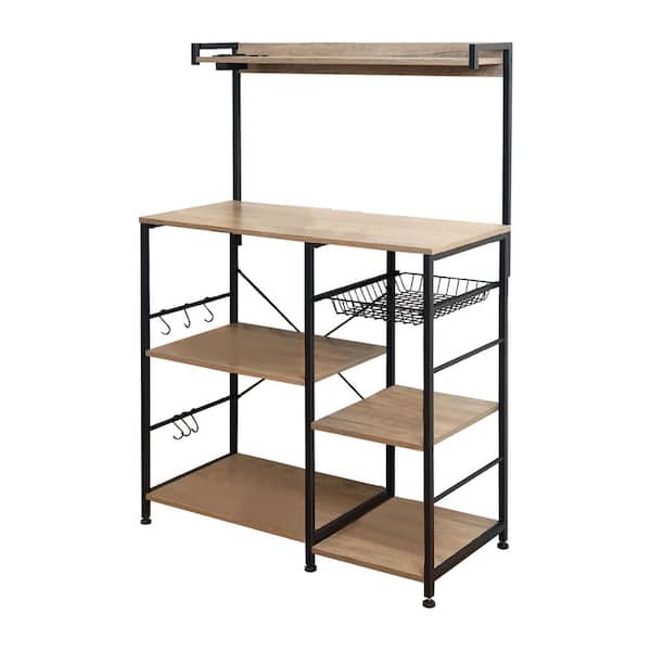 Amucolo 6-Shelf Antique Gray Kitchen Storage Rack, Coffee Bar with Storage Basket, Microwave Oven Stand with 6 S-Hooks