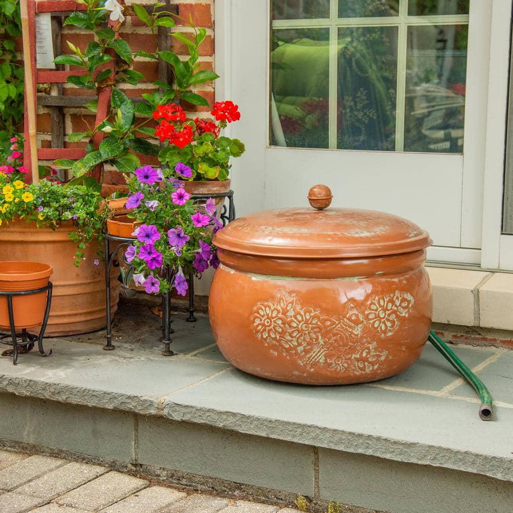 Copper and Green Patina Embossed Bird Hose Holder with Lid
