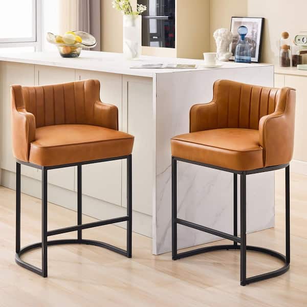 36 in. Brown Counter Bar Stool with Faux Leather Upholstered Seat (Set of 2)
