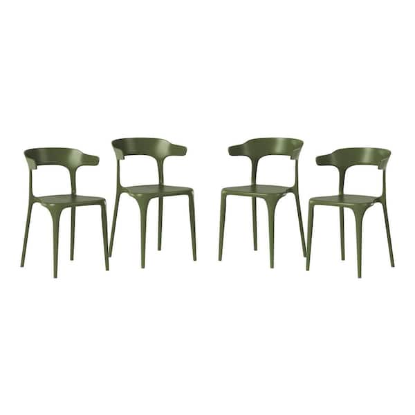 Frond and Form Outdoor Patio Modern Curved Back Poly Plastic Stacking Dining Side Chair (Set of 4), Olive Green