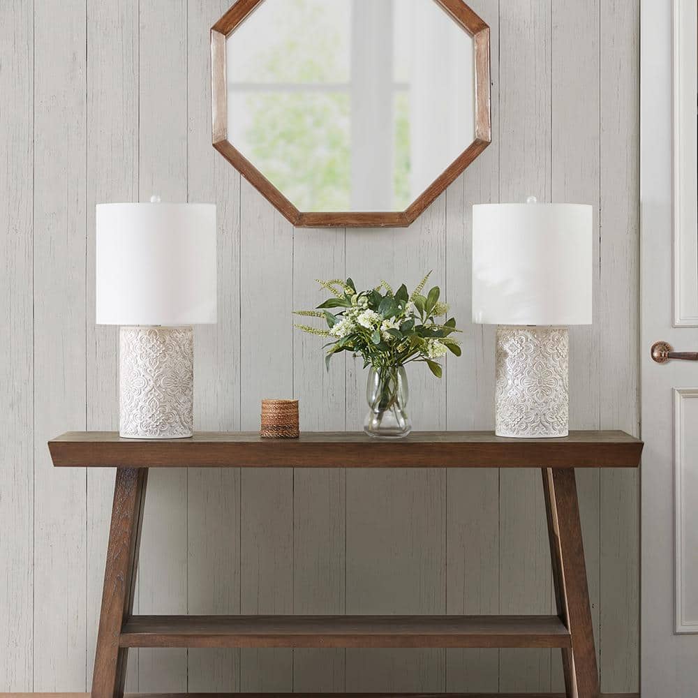 Ivory Floral Embossed Resin Cylinder Table Lamp with 3-Way Switch