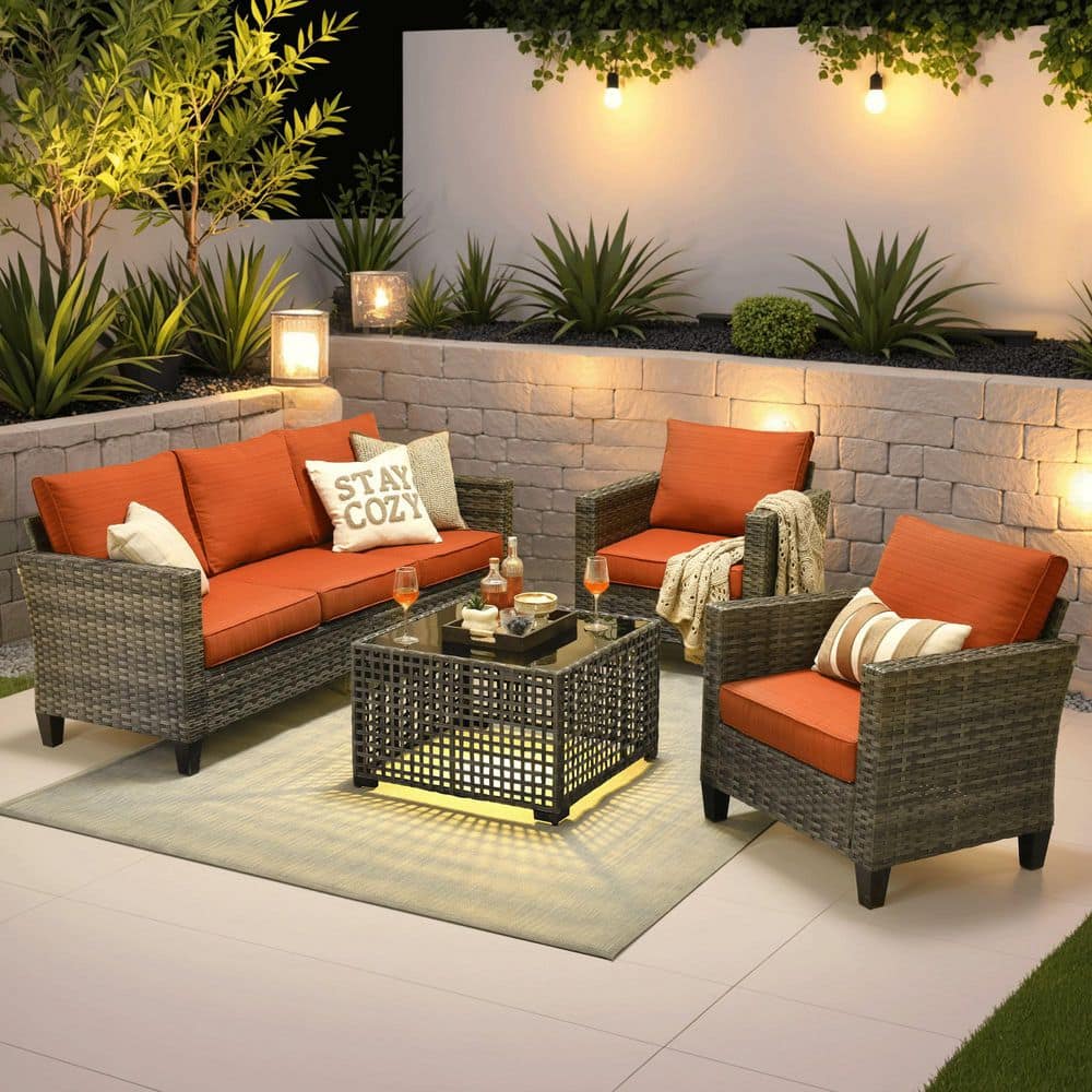 Riviera 4 Pieces Wicker Patio Conversation Seating Sofa Set with Orange Red Cushions price history on PriceWatchPro