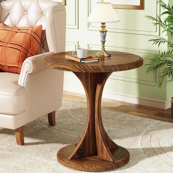 BYBLIGHT Kerlin 19.68 in. Brown Round Wood End Table with Cross Design Pedestal