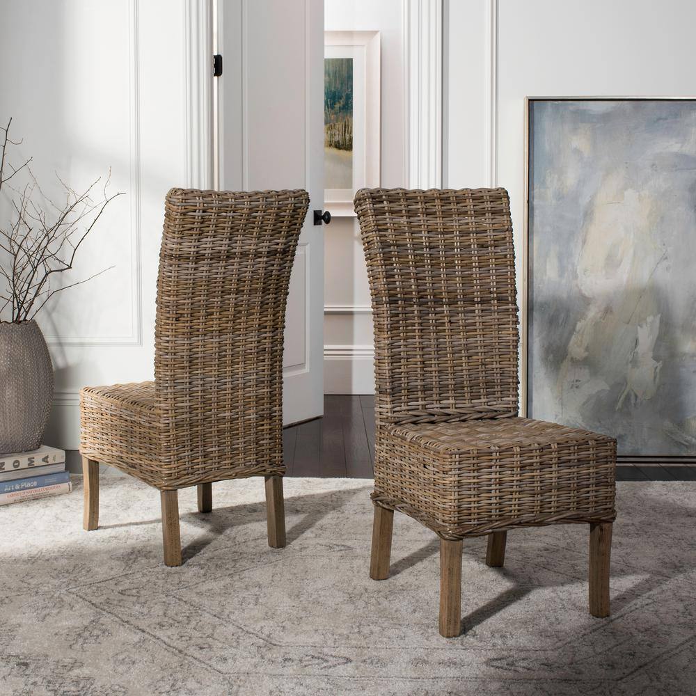 High-Back Rattan & Mango Wood Side Chair in Natural Grey (Set of 2)