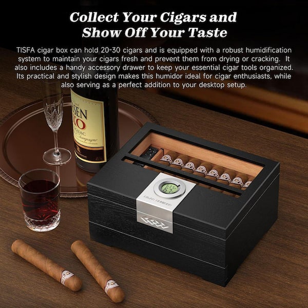 Unbranded 9 in. W x 4 in. H Black Cedar Wood Desktop Cigar Humidor with  Glass Window, Digital Hygrometer, and Accessory Drawer SA1059B261