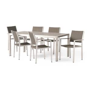 Cape Coral Silver 7-Piece Aluminum and Faux Rattan Outdoor Patio Dining Set with Gray Faux Wood Table Top