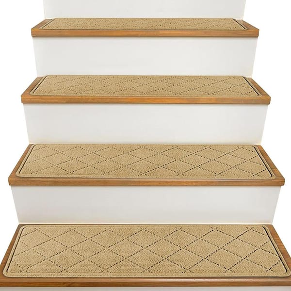 Self-Adhesive Non-Slip Beige 8 in. x 30 in. Edging Stair Carpet TPR Polyester Stair Tread Cover (Set of 4)