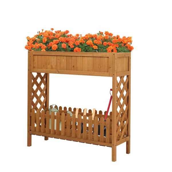 35 in. 2-Tier Wood Raised Garden Bed With Bottom Shelf Fence