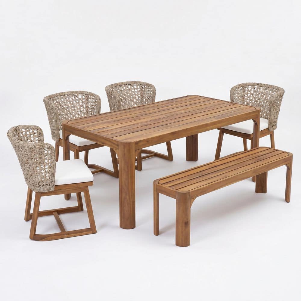 Cuthbert 6-Piece Rectangle Teak Solid Wood Top Outdoor Dining Table Set with Beige Cushions Seats 6 price history on PriceWatchPro