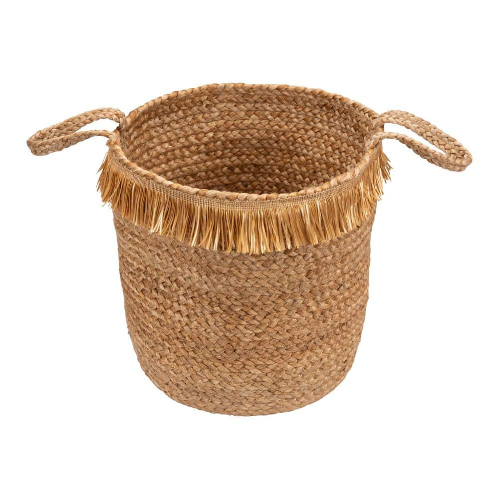 Braided Jute Round Storage Basket with Fringe Detail (17"x15")